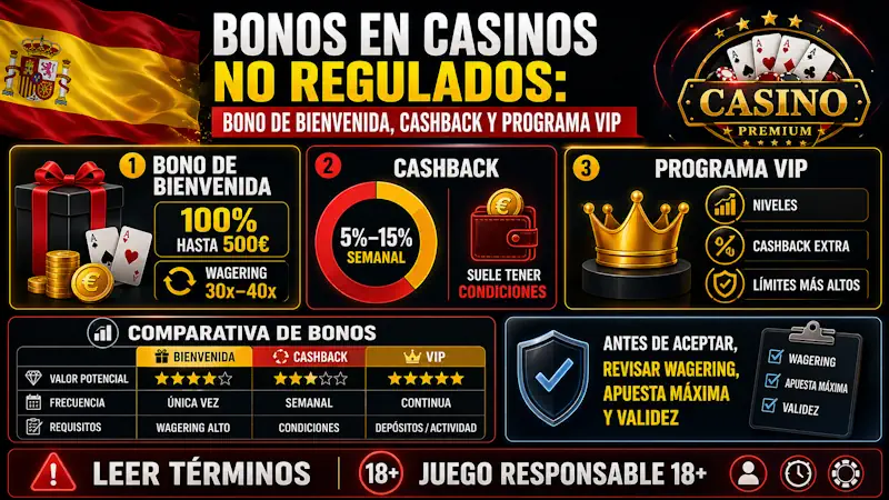 Bonos en Casinos No Regulados: Bono de Bienvenida, Cashback y Programa VIP