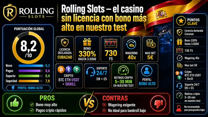 Rolling Slots — el casino sin licencia con bono más alto en nuestro test