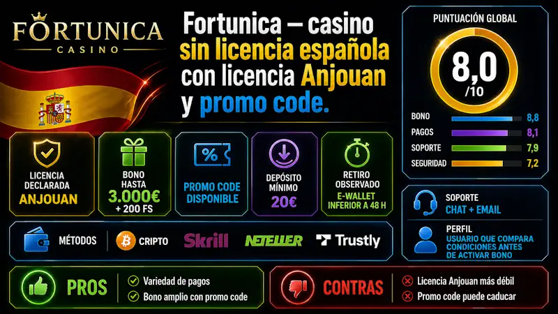 Fortunica — casino sin licencia española con licencia Anjouan y promo code