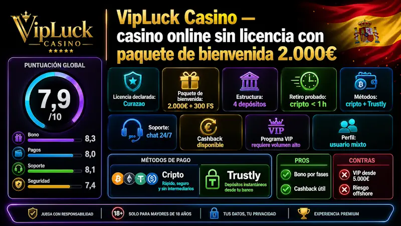 VipLuck Casino — casino online sin licencia con paquete de bienvenida 2.000€